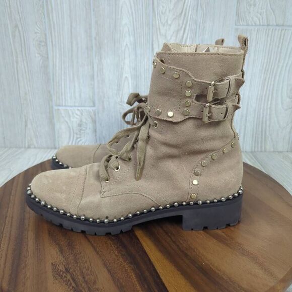 Sam Edelman Womens 8.5 Jennifer Boots Studded Combat Tan Suede Zip Ankle - Picture 4 of 12